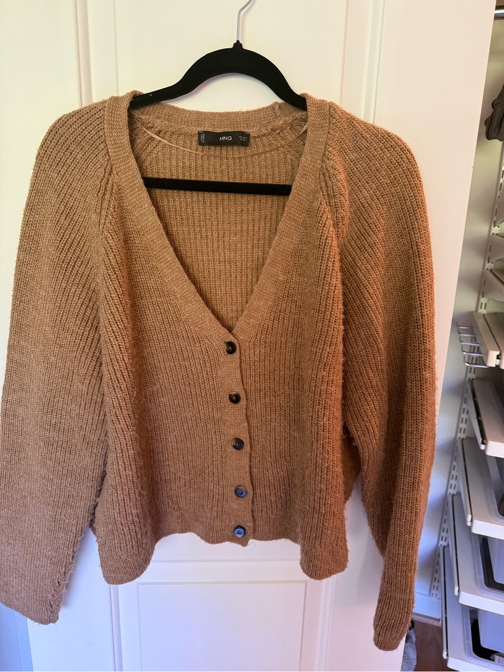 Mango Button-Front V-Neck Cardigan in Camel Brown